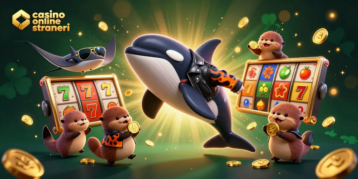 Immagine di un'illustrazione 3D di un orca in giacca di pelle, rappresentante i casino online stranieri, insieme a pesci e monete d'oro.