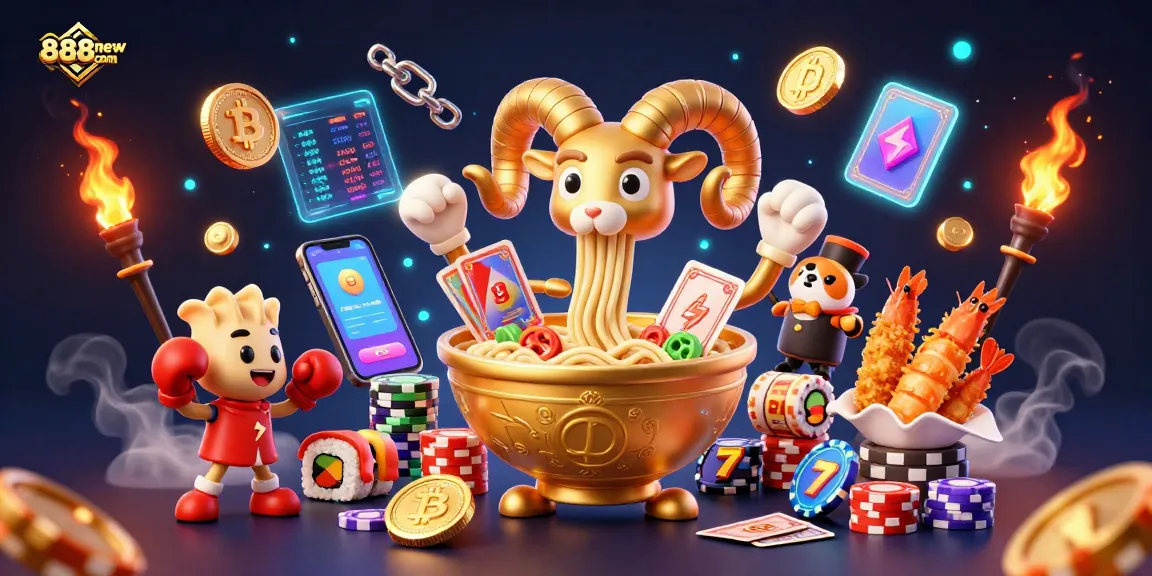 Win big at 888new com with giant ramen bowl characters and vibrant casino themes.