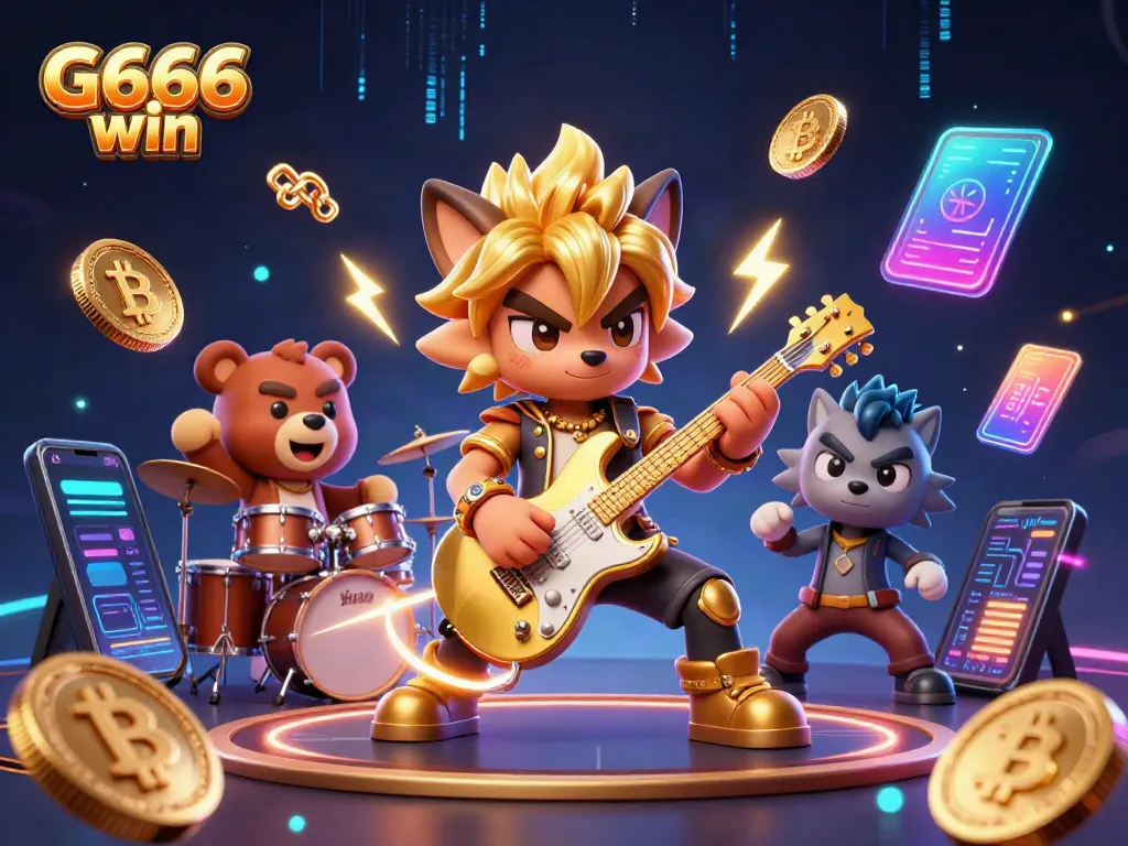 Experience G666 win with an electrifying casino stage featuring vibrant characters and crypto elements.