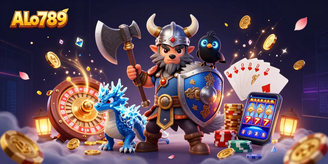 Experience the thrills of ALo789 with a vibrant 3D illustration of gambling excitement and fantasy elements.