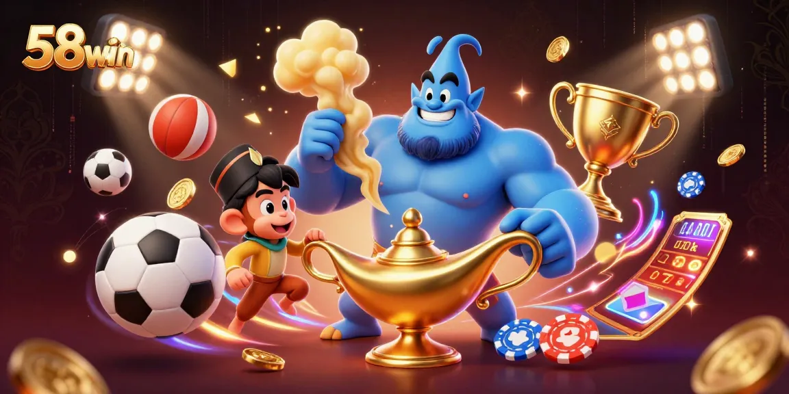 Engage in thrilling gaming at 58win with a vibrant scene of a genie and action-packed elements.