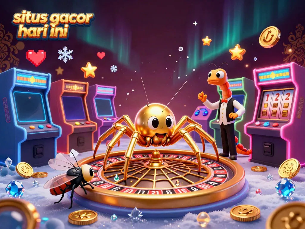 Menggoda permainan di situs gacor hari ini dengan karakter kartun berkilauan dan mesin slot penuh warna.