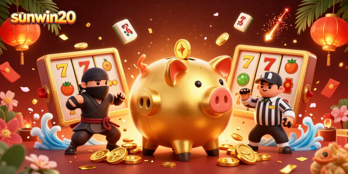Experience excitement with sunwin20 as a golden piggy bank sumo wrestler shakes loose coins in a vibrant casino scene.