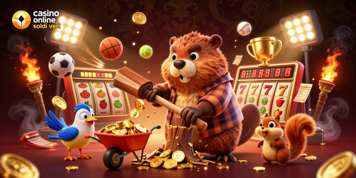 Gioca al casino online soldi veri con un castoro che raccoglie monete d'oro in un'illustrazione vivace.