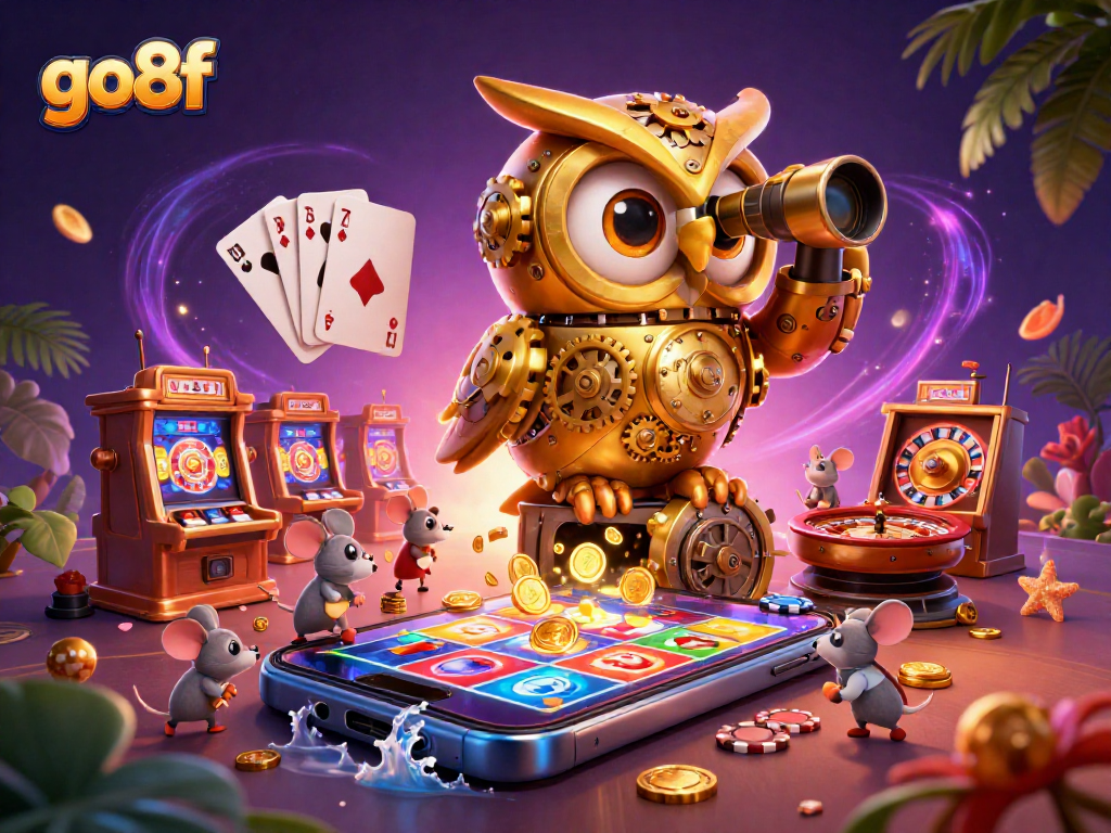 Engage with go8f's vibrant casino scene featuring a golden owl scanning slot machines.