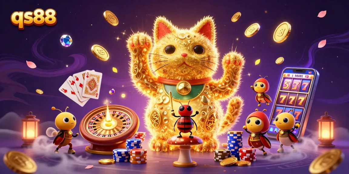 Experience the thrill of qs88 with a dynamic lucky cat and casino symbols in vivid 3D.