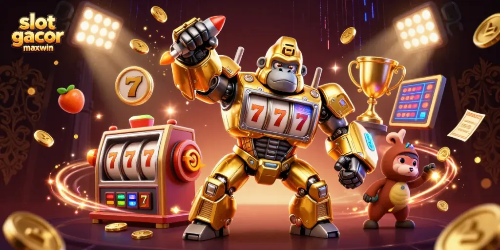 Engage with slot gacor maxwin in this vibrant gaming scene featuring a golden gorilla mech and dynamic slot elements.
