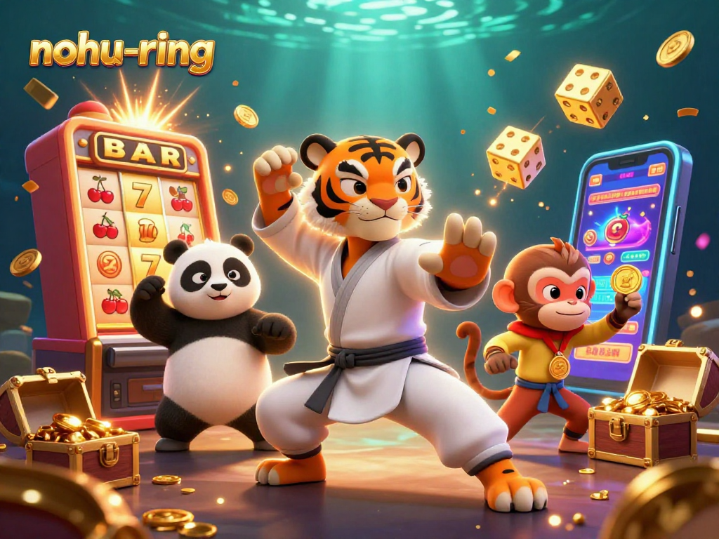 Nohu-ring game scene featuring a kung fu tiger master, panda disciple, and monkey stealing coins.