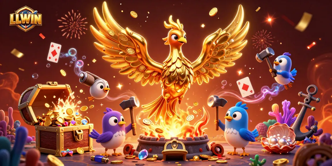 Experience LLWIN's dynamic gaming world with molten metal phoenix and sparkling treasures.