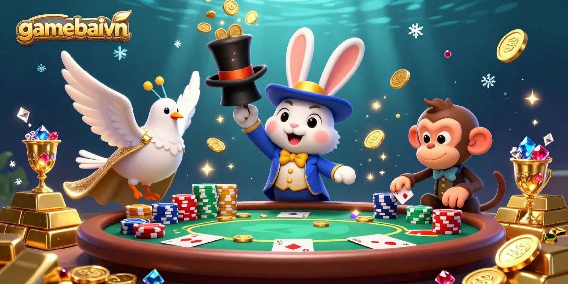Experience the magic of poker at gamebaivn with a lively scene featuring colorful characters pulling in poker chips and coins.