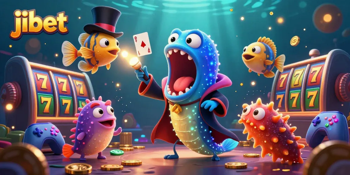jibet showcases a vibrant underwater casino scene with characters performing magical tricks while displaying slot reels and jackpots.