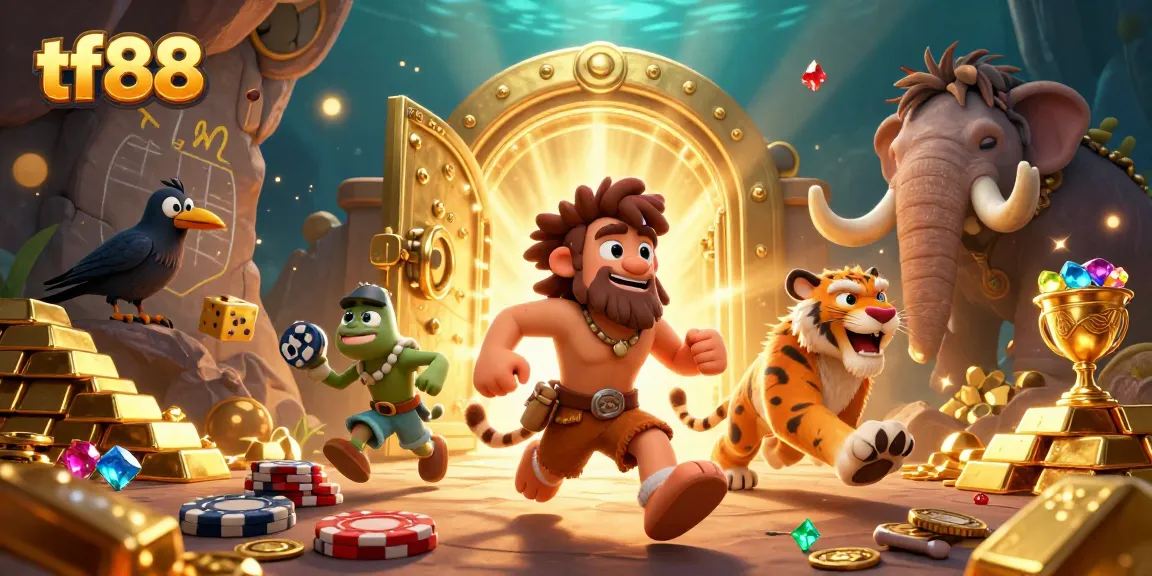 Experience the thrill of tf88 casino with cartoon characters depicting a dynamic gaming scene.