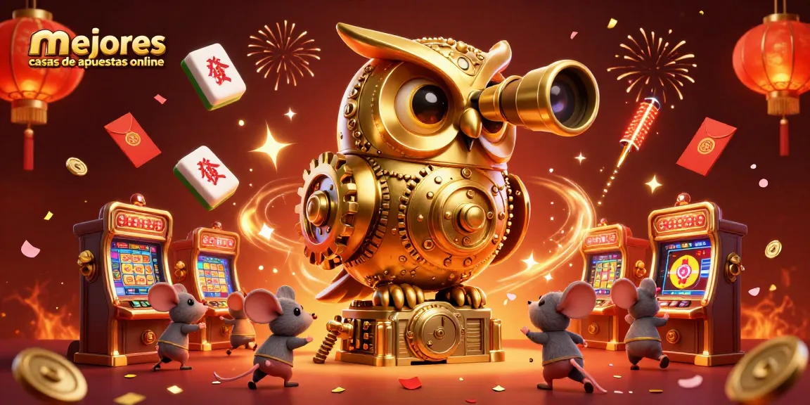 Descubre las mejores casas de apuestas online con un búho dorado y ratones en un casino vibrante.