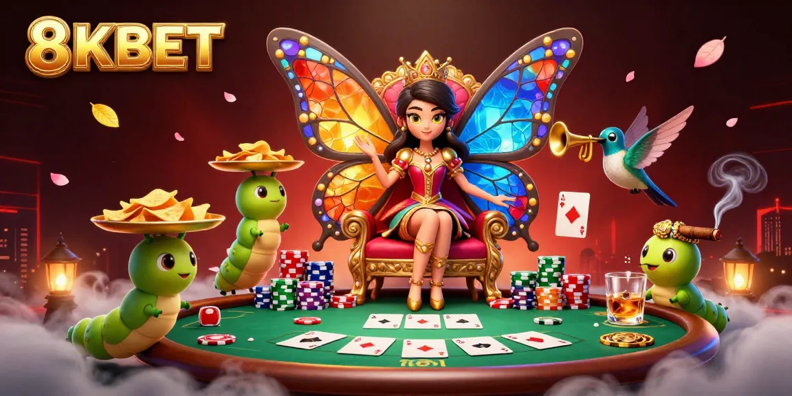 Engage in vibrant 8KBET poker action with a butterfly queen and colorful chips in an epic casino scene.