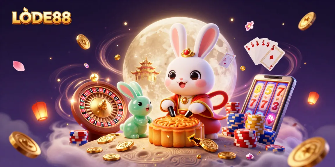 Experience thrilling gameplay with LODE88 featuring a moon rabbit, poker chips, and casino elements.