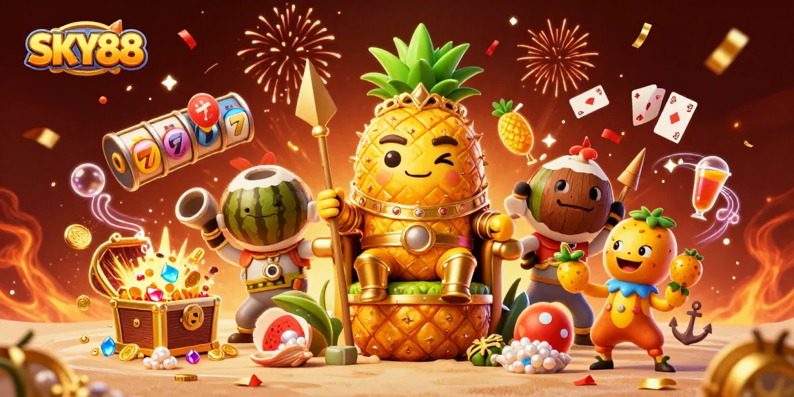 Engage with SKY88 by exploring an animated casino scene featuring a golden pineapple king and vibrant gaming elements.