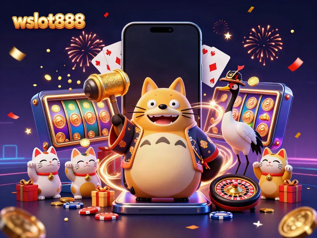Wslot888 menghadirkan suasana bermain slot dengan tanuki, crane, dan kucing keberuntungan yang ceria.