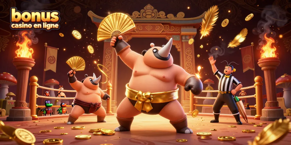 Bonus casino en ligne : un combat palpitant entre un scarabée sumo et un arbitre criquet sur fond de scène festive avec des pièces d'or.