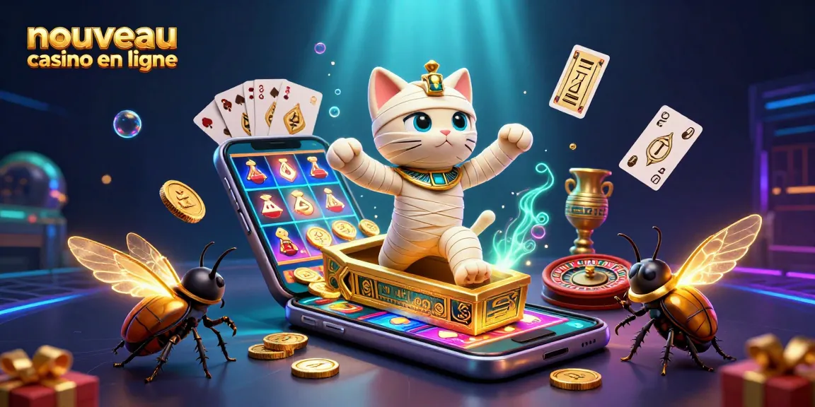 Gagnez avec nouveau casino en ligne : illustration d'un chat momie égyptien et ses amis