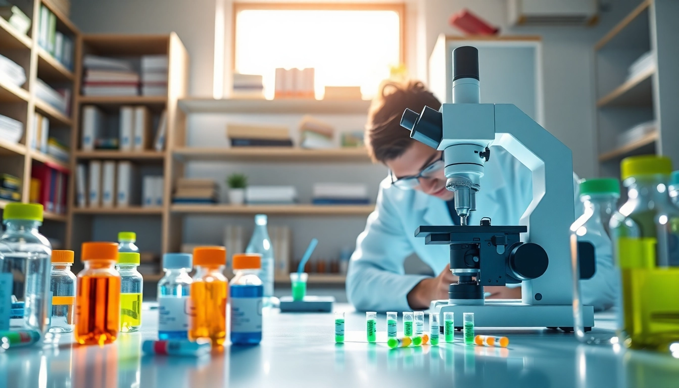Researcher studying atomiklabz peptide samples under a microscope in a lab environment.