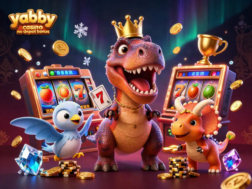 Play big with the yabby casino no deposit bonus while enjoying an exciting scene of cartoon dinosaurs and scattered slot game elements.