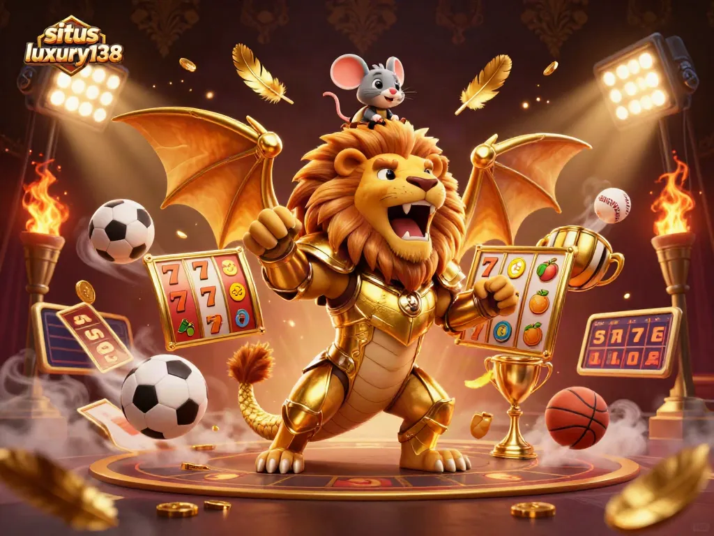 gambar situs luxury138 yang menampilkan karakter kartun kasino mengaum, slot, dan elemen kemenangan dalam warna emas
