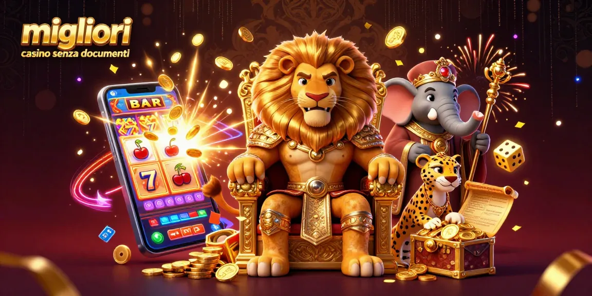 Scopri i migliori casino senza documenti con un leone re e un elefante saggio in un ambiente di gioco vibrante.