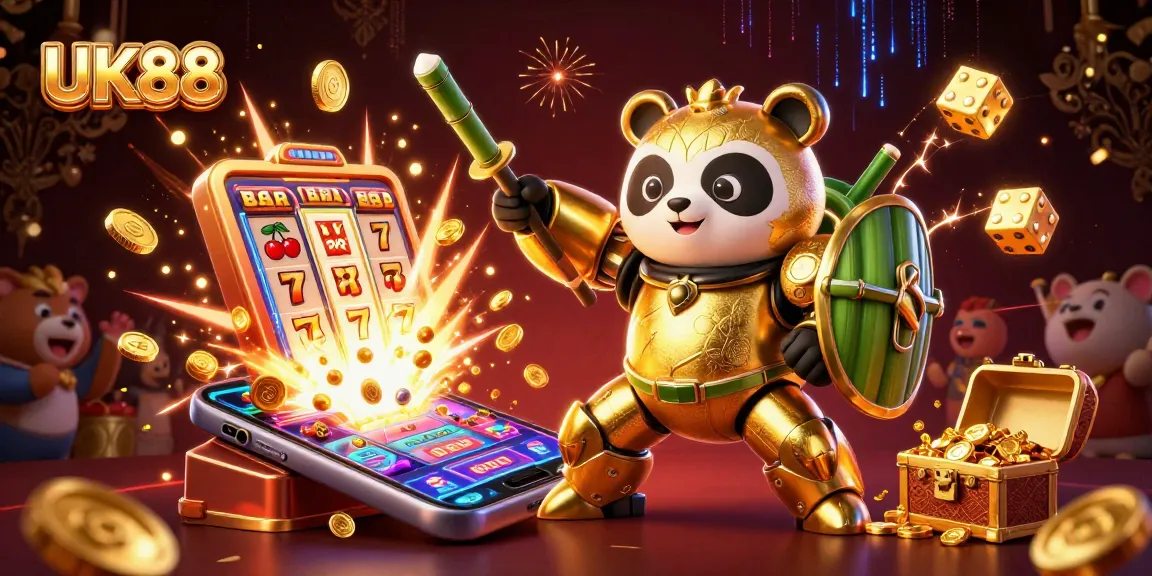 Engage with UK88's vibrant casino world showcasing a golden panda mech-suit amidst thrilling slot machines and dynamic game elements.