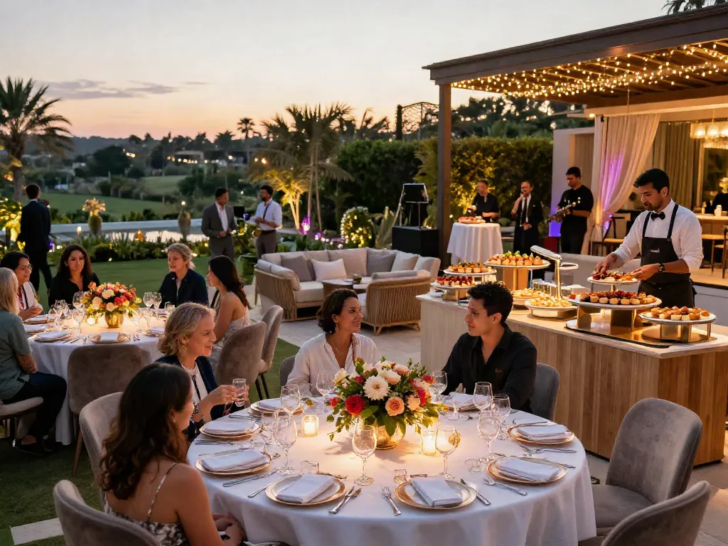 Event rentals at a luxurious outdoor venue with elegant table settings and ambient lighting.