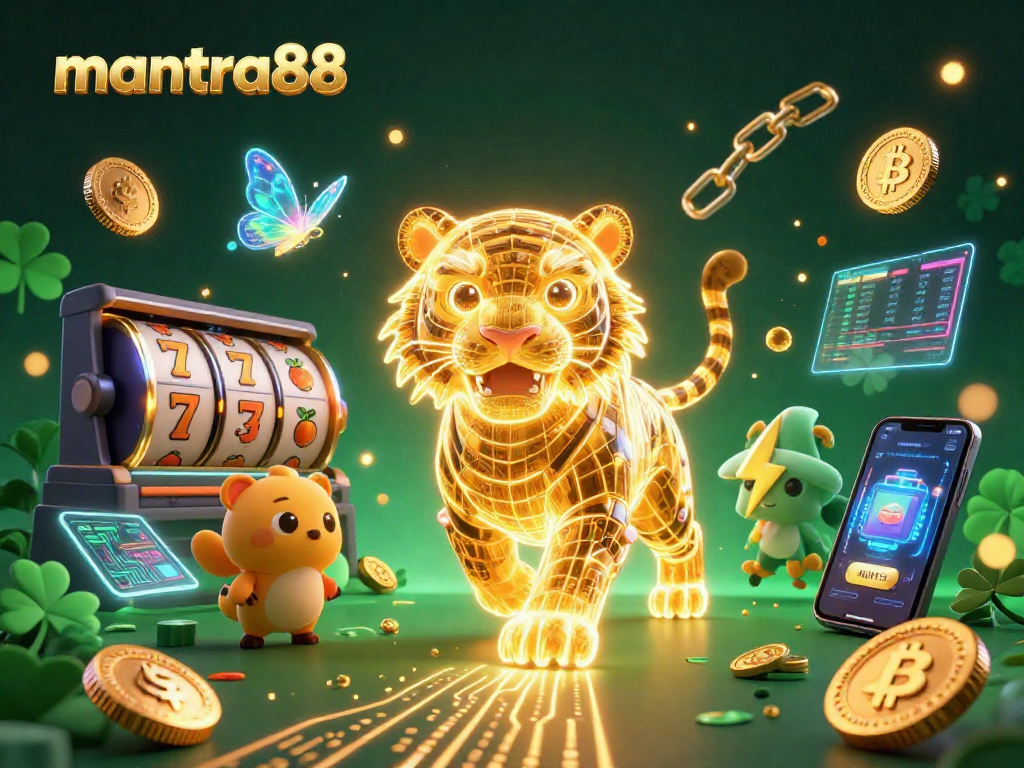 Experience the thrill of mantra88 with a vibrant, animated digital casino illustration featuring a majestic tiger amidst slot reels.