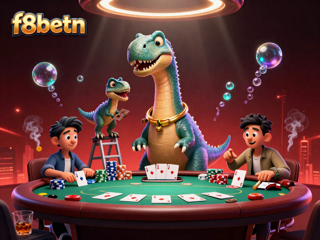 Engage in thrilling poker with f8betn featuring a towering brontosaurus dealer in a vibrant casino scene.