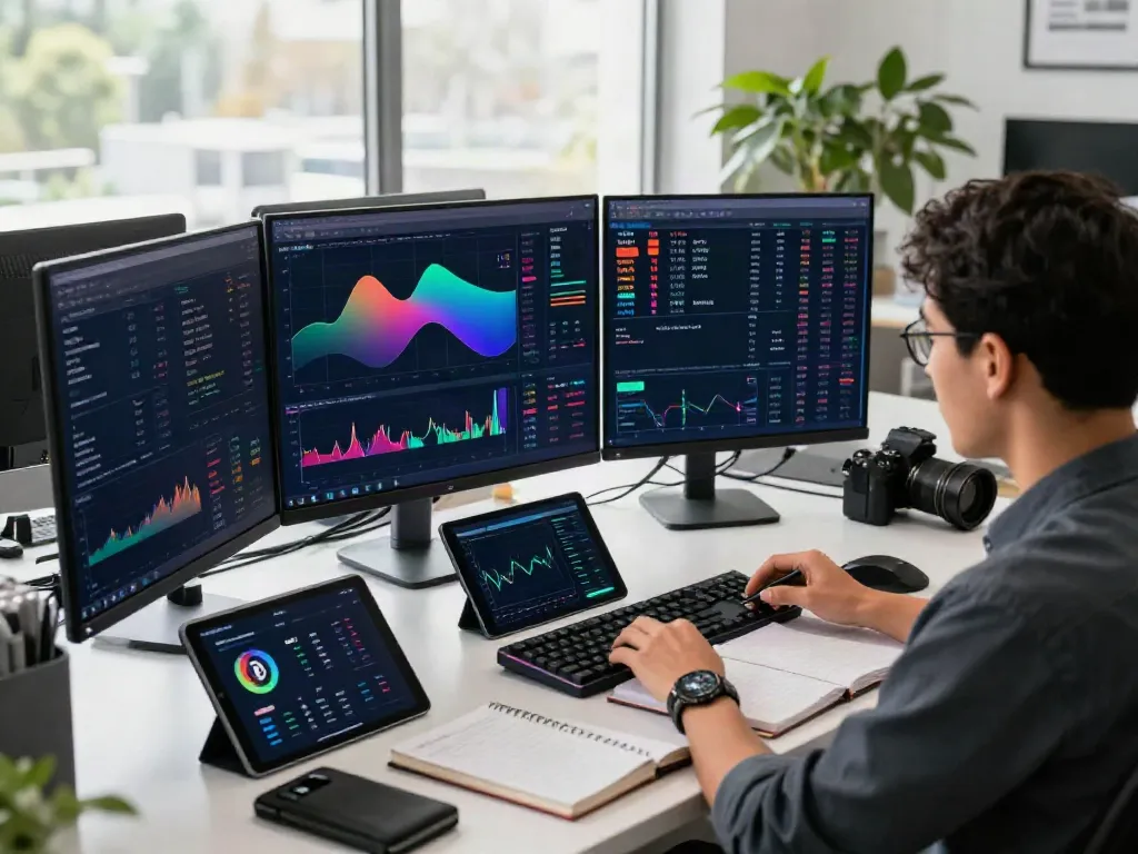 港股实时行情API integrated into a cryptocurrency trading setup with monitors displaying Bitcoin and Ethereum prices, showcasing modern tech and secure trading.
