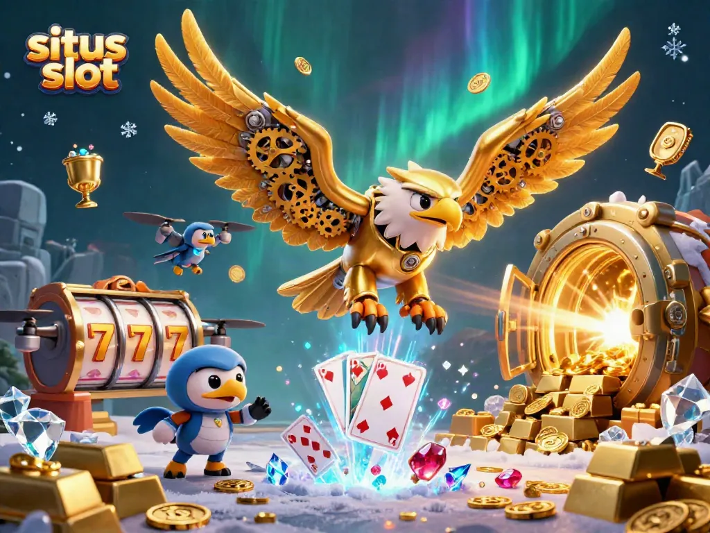Menangkan situs slot dengan gambaran raksasa elang emas dan kartu bermain holografis.