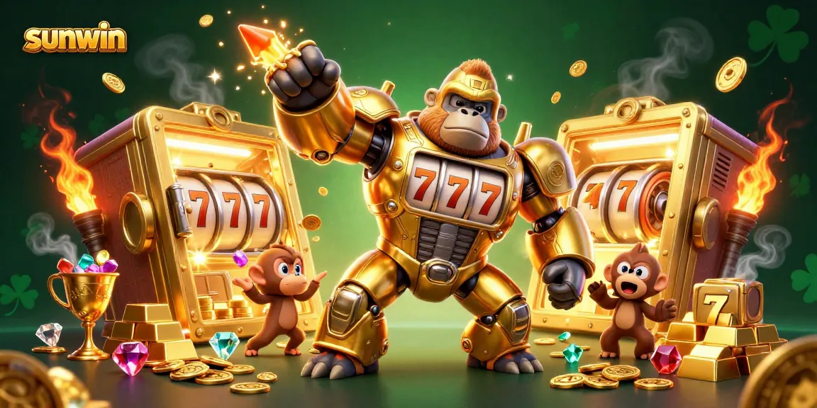 Engage in thrilling spins with sunwin's golden gorilla mech in this dynamic 3D illustration.