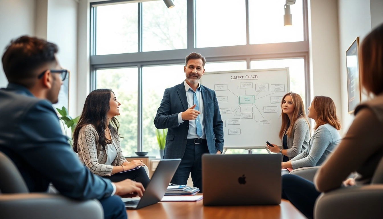 Career coaching sessions showing a confident professional guiding clients in strategy.