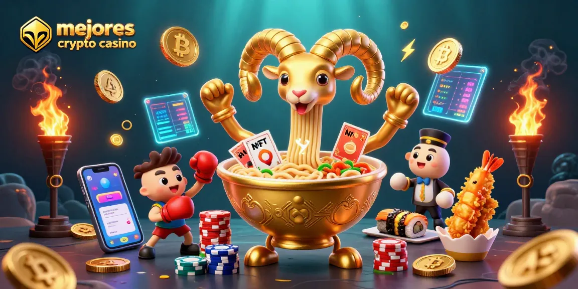 Ilustra los mejores crypto casino con un tazón de ramen dorado y monedas de Bitcoin.