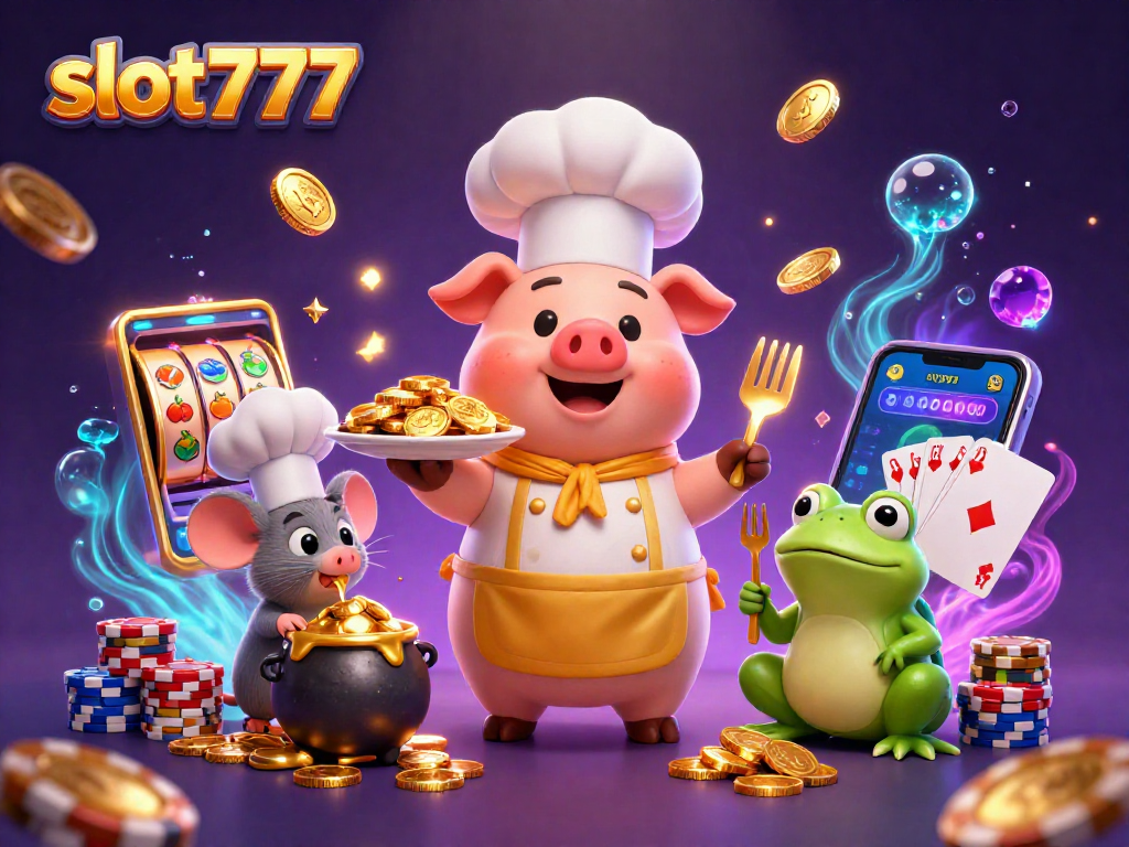 Experience thrilling wins at slot777 with 3D cartoon chefs serving golden jackpots and vibrant slot reels.