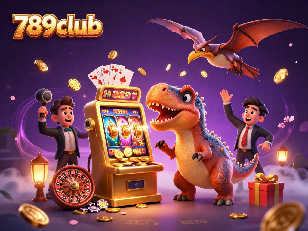 Experience thrilling wins at 789club with a dynamic scene of playful dinosaurs and casino elements.
