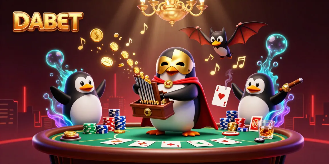 DABET penguin character playing an organ amidst poker elements, showcasing vibrant casino excitement.