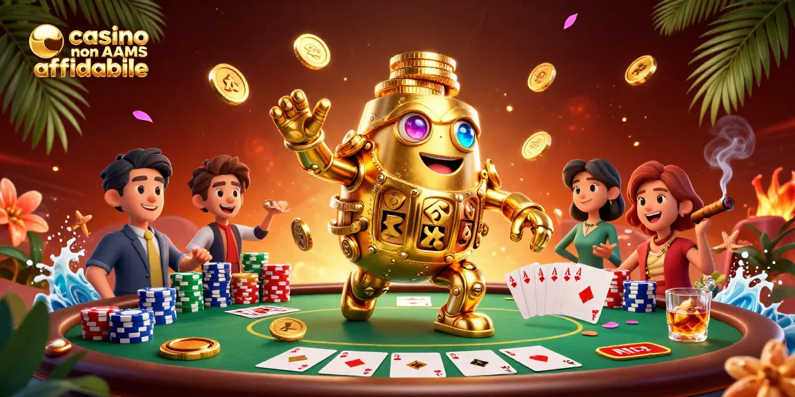 Gioca nei casino non AAMS affidabili con un golem dorato tra elementi di poker, ambientazioni accattivanti e dettagli vivaci.