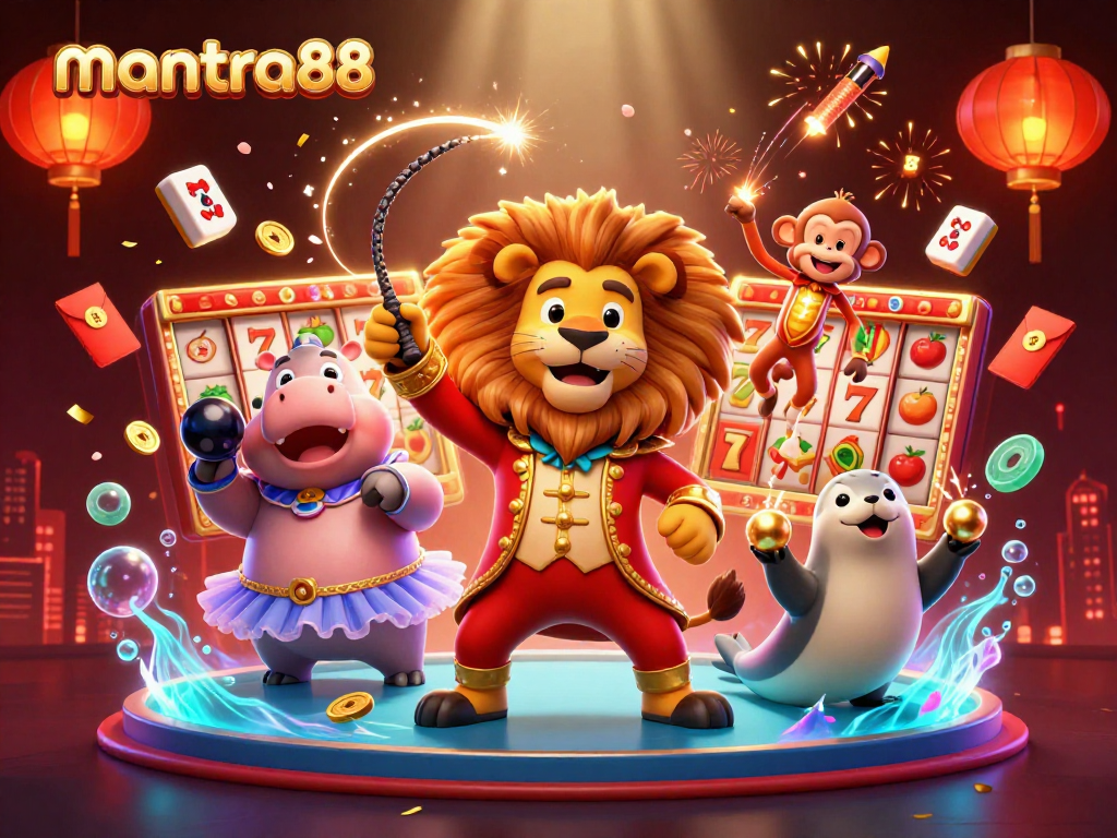 Participate in exhilarating gameplay with mantra88's dynamic casino scene featuring vibrant characters and gaming symbols.