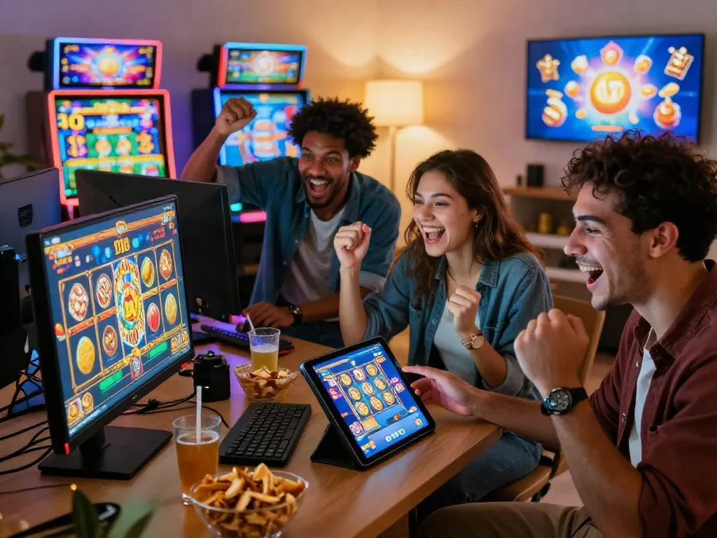 Friends enjoying a vibrant slot online gaming experience together in a cozy living room.