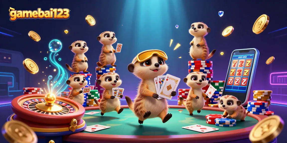Win big at gamebai123 with meerkats running a vibrant casino scene filled with action.