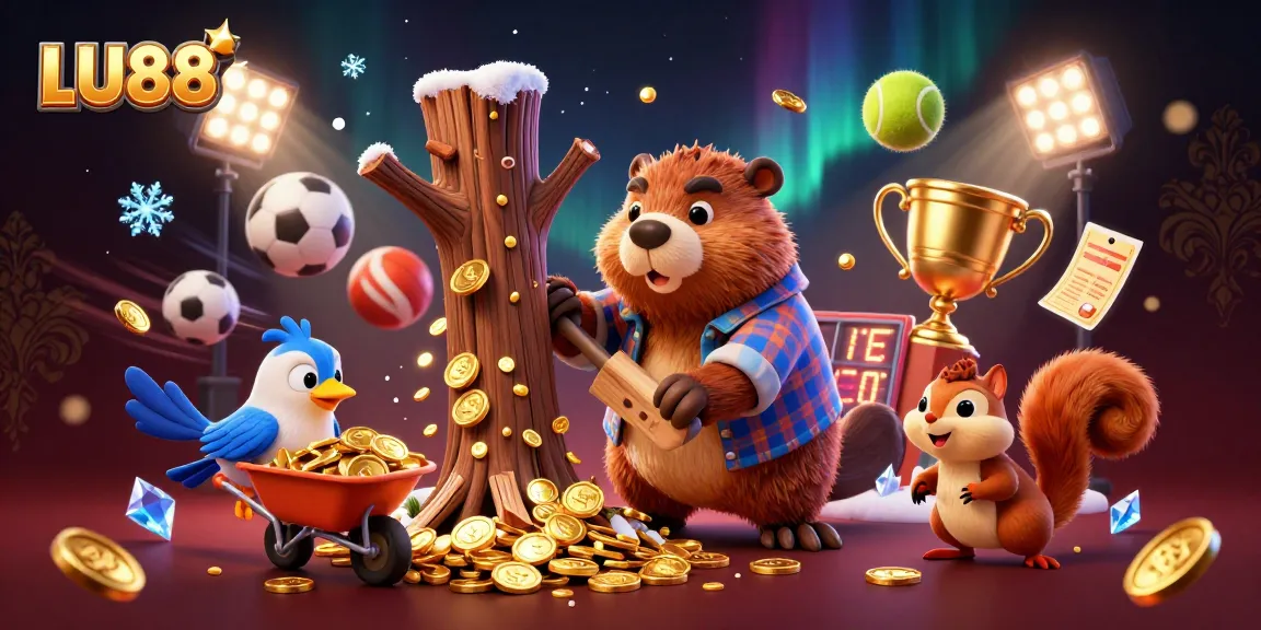 LU88 themed scene with a cheerful beaver, sports balls, and coins enhancing the gaming excitement.