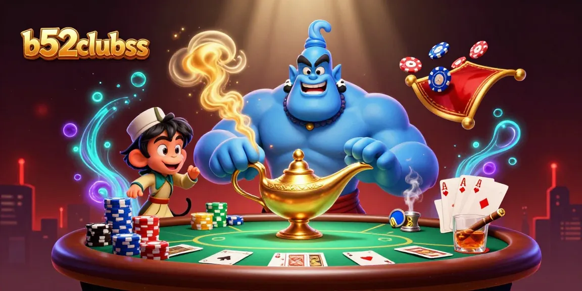 b52clubss Genie and monkey thrive in a dynamic casino scene filled with poker chips and cards.