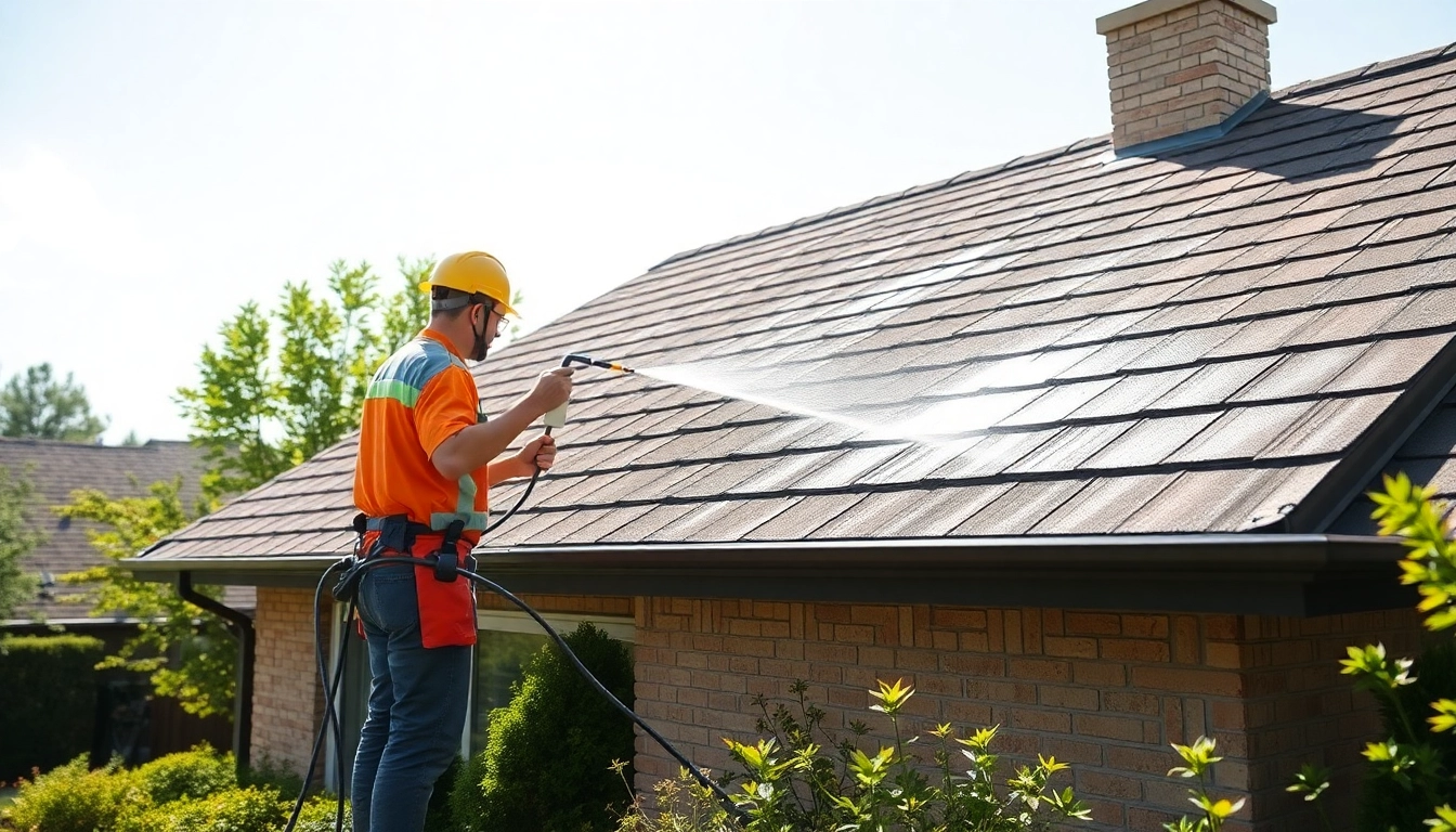 Roof cleaning service showcasing professionals revitalizing a weathered roof in a bright suburban setting.