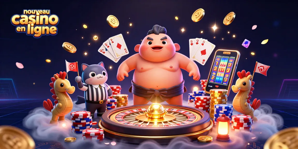 Illustration du nouveau casino en ligne avec un fugu sumo entouré de jeux et décorations