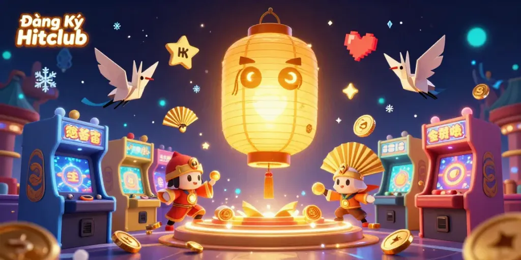 Engage with Đăng Ký Hitclub as giant golden lantern spirit lights up the night market casino.