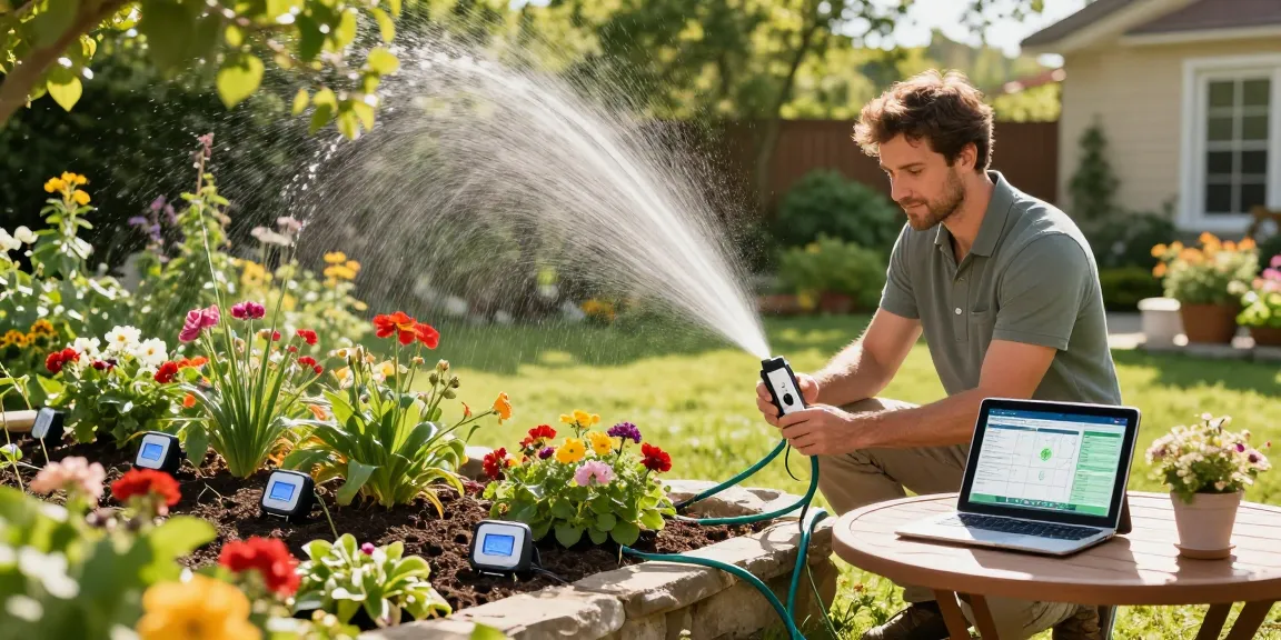 Homeowner uses a wifi sprinkler controller in a vibrant garden for efficient irrigation.