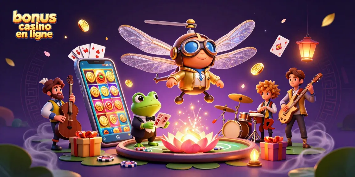 Célébrez le bonus casino en ligne avec un pilote libellule et un croupier grenouille au casino